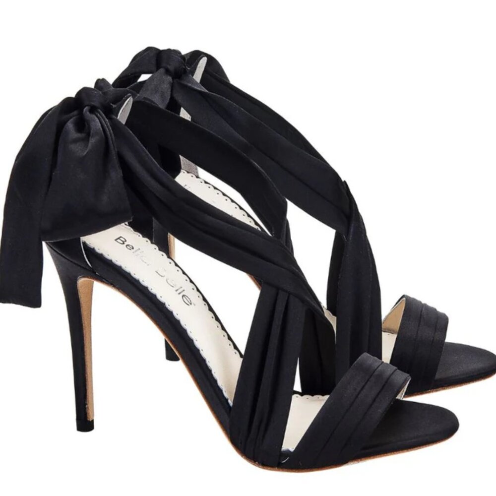 BELLA BELLE Black Ribbon Tie Heels with Ankle Bow